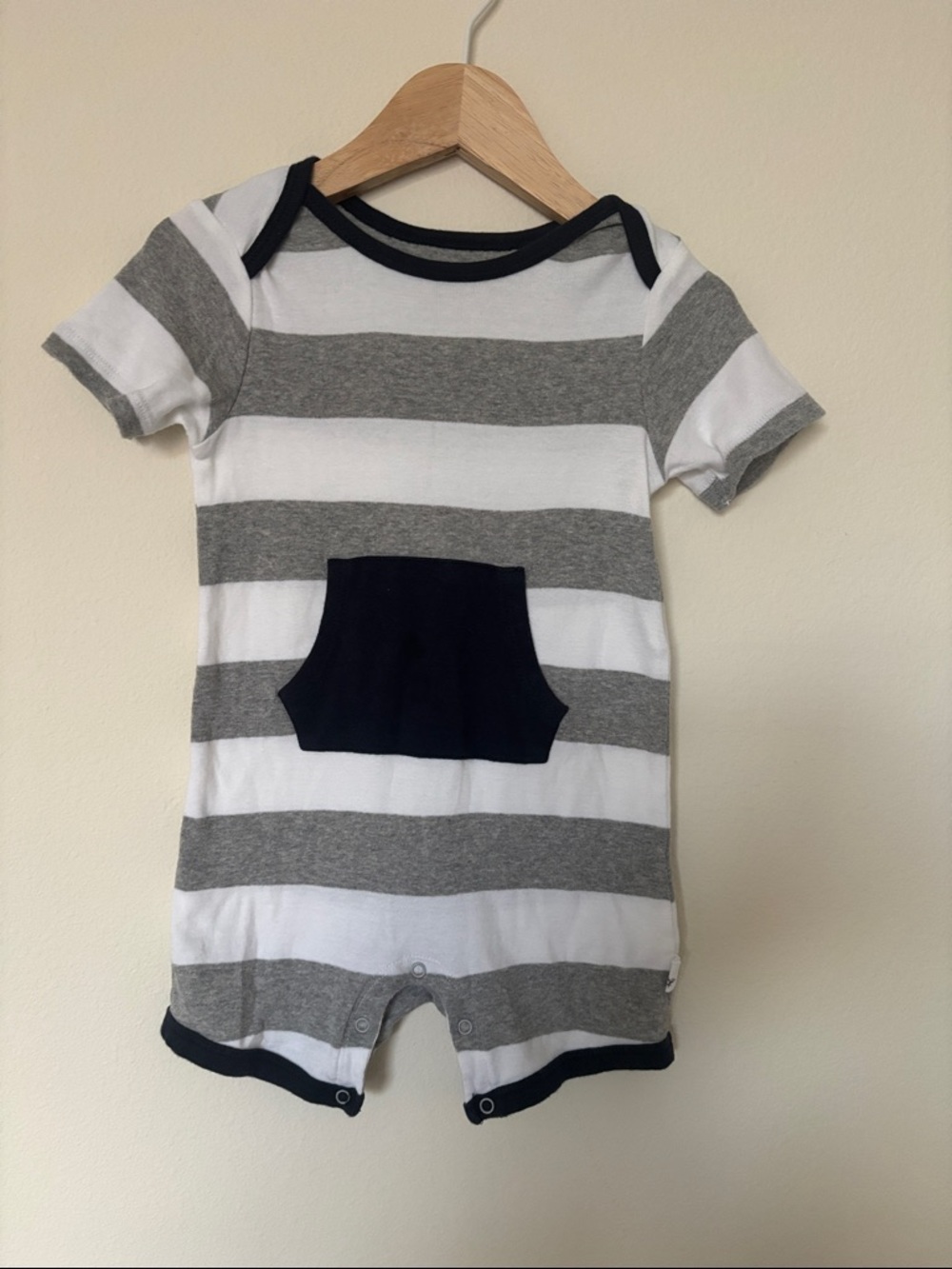 Burt's Bees Baby Gray & White Striped Romper with Navy Trim 18M